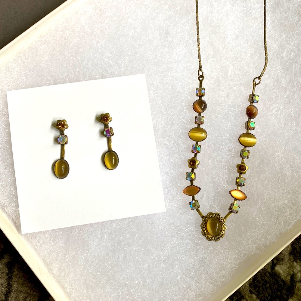 Lia Sophia Gem Cluster Statement Earrings and matching Necklace Set
